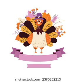 Thanksgiving turkey image funny cute. For greeting cards design. Vector illustration.