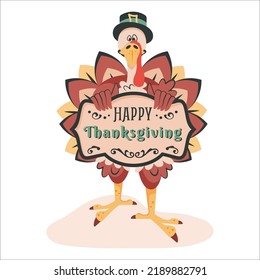 Thanksgiving turkey isolated on white background. Cute happy turkey congratulates with thanksgiving day.  Funny cartoon character holding vintage frame with greeting text.  Vector illustration