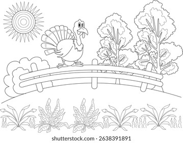Thanksgiving Turkey in Landscape Coloring Page, Happy cartoon turkey standing by a fence in an outdoor autumn landscape with trees, plants, and sun. Black and white line art illustration designed as