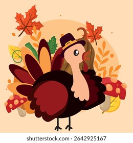 Thanksgiving turkey with leaves. Vector illustration
