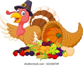 Thanksgiving Turkey Mascot With Harvest Cornucopia Collection Set 