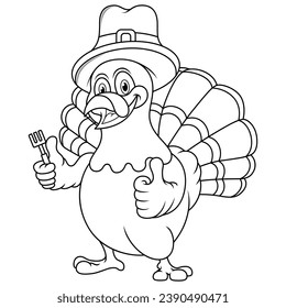 Thanksgiving turkey mascot holding fork and wearing a pilgrim hat line art