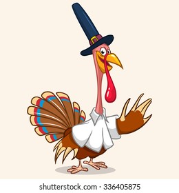 Thanksgiving turkey mascot in Pilgrim hat  waving on white background. Vector illustration