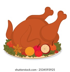 Thanksgiving turkey on plate for special time of the year. Vector illustration.