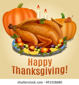 Thanksgiving Turkey on platter with garnish and orange pumpkin, roast turkey dinner. Vector illustration