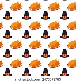 Thanksgiving turkey on a platter and pilgrim hat Seamless pattern in trendy holiday shades Isolate