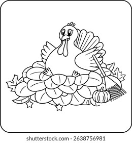 Thanksgiving Turkey on Pumpkin Pile Coloring Page