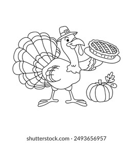 Thanksgiving turkey outline coloring page for kids drawing vector. Hand drawn turkey outline illustration. Turkey coloring page. Thanksgiving coloring page.