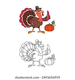 Thanksgiving turkey outline coloring page for kids drawing vector. Hand drawn turkey outline illustration. Turkey coloring page. Thanksgiving coloring page.