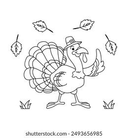 Thanksgiving turkey outline coloring page for kids drawing vector. Hand drawn turkey outline illustration. Turkey coloring page. Thanksgiving coloring page.