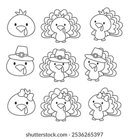 Thanksgiving turkey outline drawing vector illustration set. Cute baby boy and girl turkey line art set for kids’ coloring.