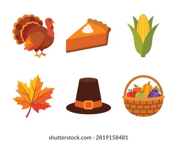 Thanksgiving Turkey Pie Corn Leaf Pilgrim Hat Harvest Basket Icon Set seasonal food and harvest icon collection