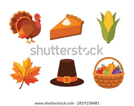 Thanksgiving Turkey Pie Corn Leaf Pilgrim Hat Harvest Basket Icon Set seasonal food and harvest icon collection