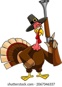 Thanksgiving Turkey Pilgrim Cartoon Characters Holding A Musket. Vector Hand Drawn Illustration Isolated On White Background