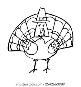 Thanksgiving turkey pilgrim character, doodle drawing, vector illustration, outline, on a white background