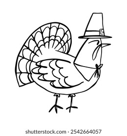 Thanksgiving turkey in a pilgrim hat character, doodle drawing, vector illustration, black line on a white background