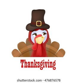 Thanksgiving turkey in a pilgrim hat. Thanksgiving Day. Vector illustration isolated on white background.