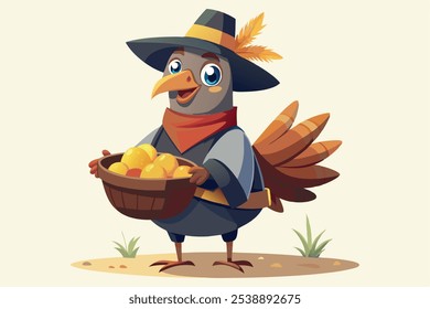 Thanksgiving turkey in a pilgrim hat holding a basket of fruits, festive autumnal style. For Thanksgiving greeting cards, holiday decorations, seasonal illustrations.