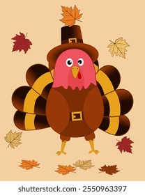 Thanksgiving Turkey with Pilgrim Hat Surrounded by Autumn Leaves Perfect for Thanksgiving greeting cards, party invitations, seasonal posters, educational materials, or social media posts