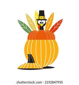 Thanksgiving turkey in pumpkin cute simple vector icon. Funny turkey bird sitting in pumpkin cartoon isolated on white background. Happy Thanksgiving Day greeting design element illustration, template