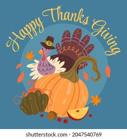 Thanksgiving turkey with pumpkin and hat vector flat graphic design illustration