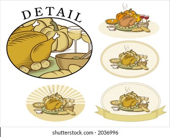 Thanksgiving Turkey with pumpkin,pumpkin pie,potatoes,salad,vegetables,gravy,bread & wine. Woodcut style illustration in color & "duotone", available in several backgrounds