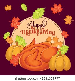 Thanksgiving turkey and pumpkins surrounded by fall leaves, Vector