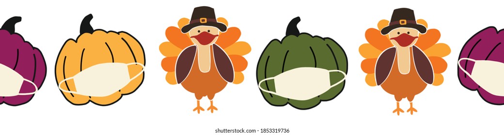 Thanksgiving Turkey and Pumpkins wearing a face mask seamless Vector Border. Coronavirus pattern design. Covid 19 virus autumn art for Holiday 2020 decoration, invitation, greeting cards, face mask