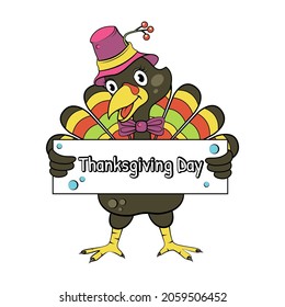 Thanksgiving. A turkey in a purple hat holding a sign with a greeting. Vector illustration