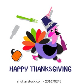Thanksgiving turkey running away bottle of  wine. Happy Thanksgiving funny illustration. Cute cartoon of turkey bird in pilgrim hat. Forks and pumpkin followed by. Vector flat design. Eps 10.