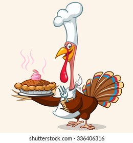 Thanksgiving turkey serving hot pumpkin pie. Vector cartoon