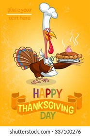 Thanksgiving turkey serving pumpkin pie.  Vector cartoon invitation card