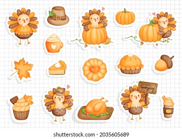 Thanksgiving turkey sticker, pumpkin with cute turkey planner and scrapbook.