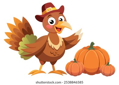 Thanksgiving turkey surrounded by three pumpkins in bright autumn colors. For holiday cards, web graphics, festive posters