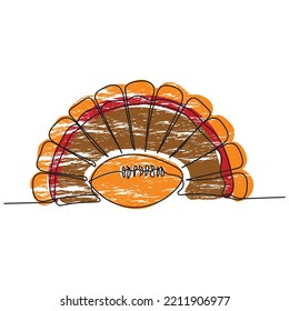 A thanksgiving turkey tail with American football line art. Significance of football during thanksgiving. Festival. Event in american culture associated with thanks giving. Continuous line art vector