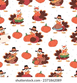 Thanksgiving turkey vector cartoon seamless pattern background for wallpaper, wrapping, packing, and backdrop.