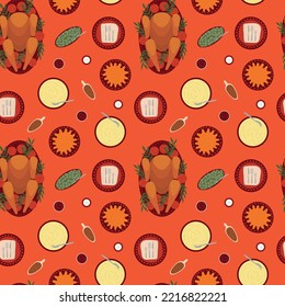 Vector de pavo de Acción de Gracias sin costura. Patrón de menú de platos tradicionales de Thanksginving dibujado a mano