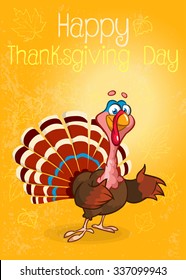 Thanksgiving turkey waving hand.  Vector cartoon invitation card