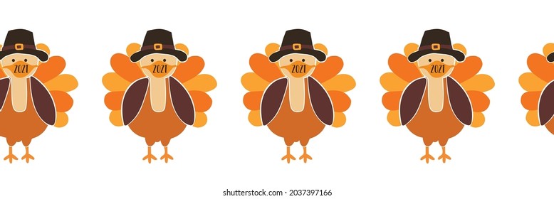 Thanksgiving Turkey wearing a face mask Seamless Vector Border. Turkeys wearing Coronavirus pattern design. Covid 19 virus autumn art for Holiday 2021 decoration, invitation, greeting card, face mask.