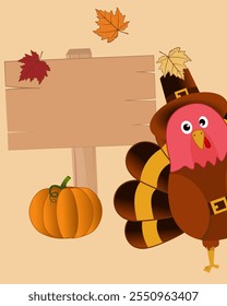 Thanksgiving Turkey with Wooden Sign, Pumpkin, and Falling Autumn Leaves ideal for customizable Thanksgiving greeting cards, invitations, posters, banners, and social media graphics