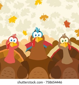 Thanksgiving Turkeys Cartoon Mascot Characters. Vector Illustration Flat Design Over Background With Autumn Leaves