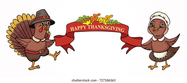 Thanksgiving  turkeys hold a holiday poster on white background. Thanksgiving day vector illustration. Red ribbon with greetings. 