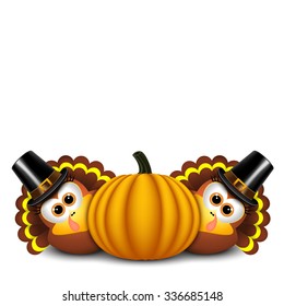 Thanksgiving turkeys with pilgrim hat and pumpkin