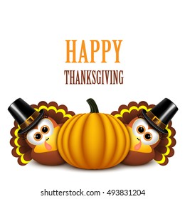 Thanksgiving turkeys with pilgrim hat and pumpkin