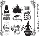 Thanksgiving Typography and Elements Set with Turkey, Pumpkin and Pilgrim Hat