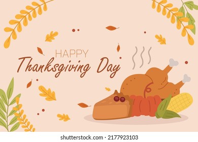 Thanksgiving typography with grilled chicken, pumpkins, leaves in fall colors. 