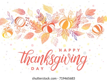 Thanksgiving typography.Hand drawn lettering with stylized pumpkins,leaves and confetti in fall colors.Thanksgiving design perfect for prints,flyers, banners, invitations, special offer and more.