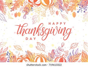 Thanksgiving typography.Hand drawn lettering with stylized pumpkins,leaves,acorns and confetti in fall colors.Thanksgiving design perfect for prints,flyers,banners, invitations,special offer and more.