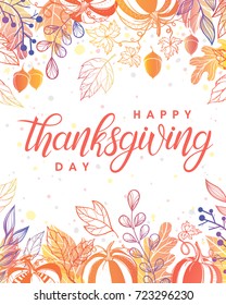 Thanksgiving typography.Hand drawn lettering with stylized pumpkins,leaves,acorns and confetti in fall colors.Thanksgiving design perfect for prints,flyers,banners, invitations,special offer and more.