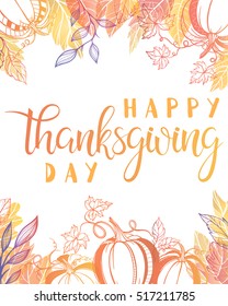 Thanksgiving typography.Happy Thanksgiving Day - Hand painted lettering with stylized pumpkins and leaves in fall colors perfect for Thanksgiving Day.Thanksgiving design for cards, prints and more.